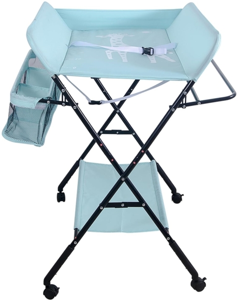 Homewell Baby Wickelkombi Wickelkommode, Mobile Wickeltisch Klappbar, mit Wickelauflage, Sicherheitsgurt, Ablagefächern, süßem Muster und Höhenangabe, Stabil und Bequem (Blau-Licht) Bild 9