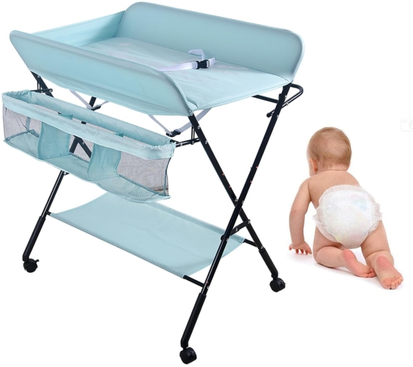 Homewell Baby Wickelkombi Wickelkommode, Mobile Wickeltisch Klappbar, mit Wickelauflage, Sicherheitsgurt, Ablagefächern, süßem Muster und Höhenangabe, Stabil und Bequem (Blau-Licht) Bild 1