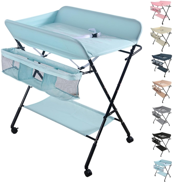 Homewell Baby Wickelkombi Wickelkommode, Mobile Wickeltisch Klappbar, mit Wickelauflage, Sicherheitsgurt, Ablagefächern, süßem Muster und Höhenangabe, Stabil und Bequem (Blau-Licht) Bild 3