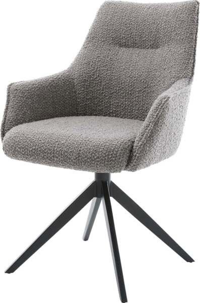 Drehstuhl Alja-Flex mit Armlehnen Bouclé Silbergrau Kreuzgestell breit Schwarz 360° drehbar Taschenfederkern
