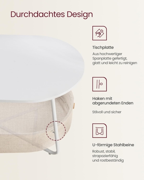 VASAGLE Couchtisch oval, Tisch mit Stauraum, Beistelltisch, Wohnzimmertisch mit Korb aus Stoff, modern, Metallrahmen, mattweiß-Kamelbraun LCT222W10 Bild 4