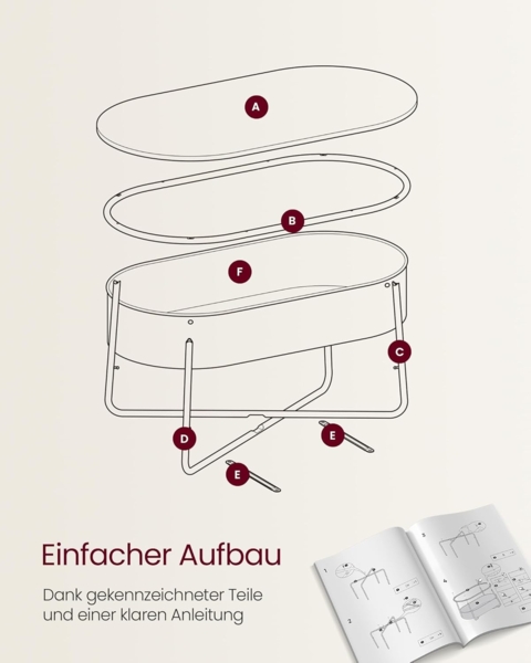 VASAGLE Couchtisch oval, Tisch mit Stauraum, Beistelltisch, Wohnzimmertisch mit Korb aus Stoff, modern, Metallrahmen, mattweiß-Kamelbraun LCT222W10 Bild 6