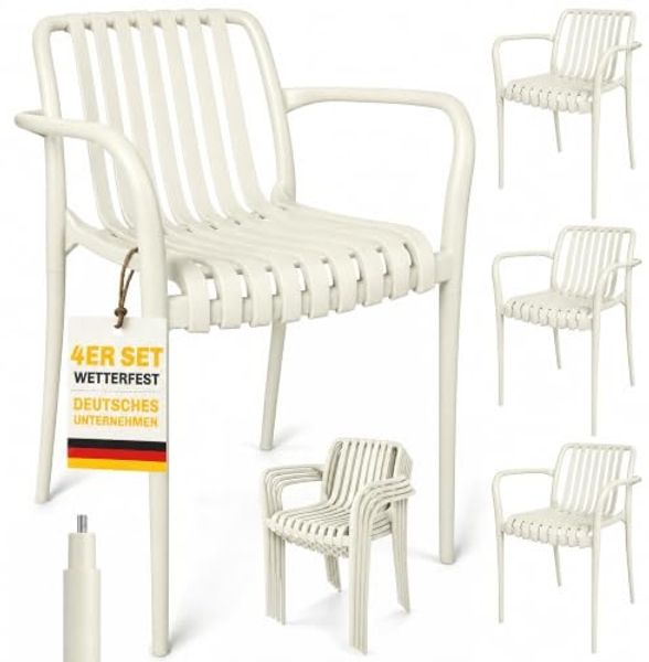 Outsunny Gartenstuhl mit Lamelldesign, Armlehnen (Terrassenstühle, 4 St), für Garten, Balkon Terrasse 55 x 58,5 x 81,5 cm Cremeweiß