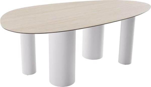 Esstisch Edge Oval 220x120 Keramik Laminam®Travertino Bianco Creme-Weiß ?Pilier Metall Weiß