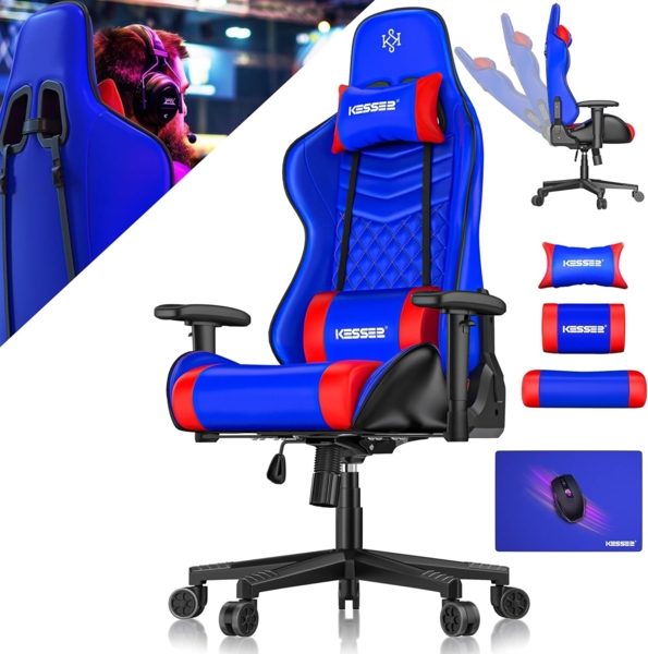 KESSER® Gamingstuhl mit Kopfstütze & Lendenkissen | Ergonomischer Gaming Sessel 150kg belastbar | Gamer Stuhl 360° Armlehne | Drehbarer Schreibtischstuhl Gaming Chair mit Mauspad + Gummi-Rollen Blau / Rot