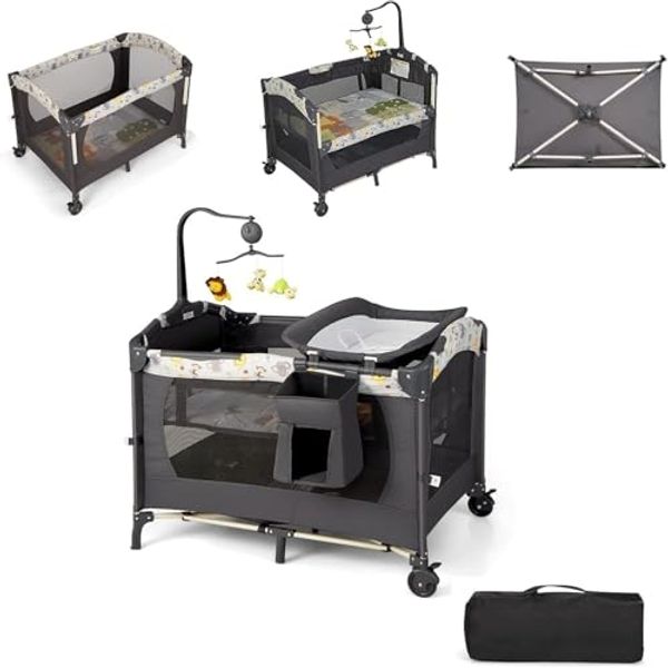 FANTASK 4 in 1 klappbares Reisebett 15 kg belastbar, Beistellbett mit Tragetasch, 2 Ebenen Babybett höhenverstellbar, Matratze & Spieluhr, Wickeltisch & Laufstall, Mobile Stubenwagen