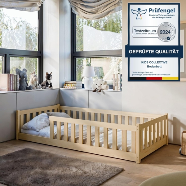 Kids Collective Kinderbett Bodenbett Bett mit Rausfallschutz & Lattenrost Montessori Bett Kinder (Jungen, Mädchen, Kinder, weitere Größen 90x200, 120x200, 140x200 cm), Jugendbett Einzelbett mit Matratze, natur Kiefer 80 x 160 cm