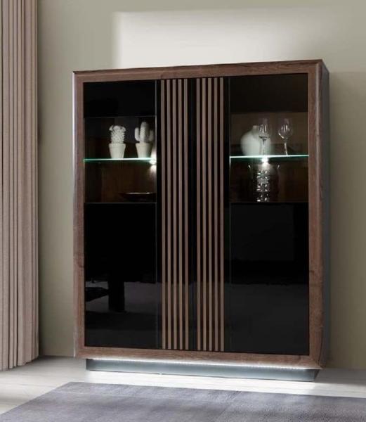 FORTE Savona Vitrine mit LED Beleuchtung, Holzwerkstoff, Schwarz/Braun, 133 x 161,8 x 42,3 cm