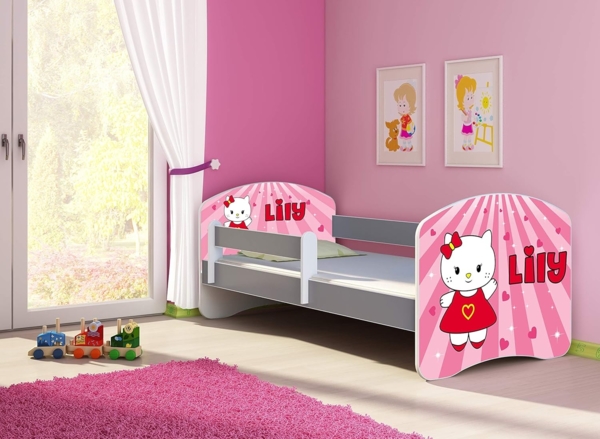 ACMA Kinderbett Jugendbett mit Einer Schublade und Matratze Grau mit Rausfallschutz Lattenrost II (15 Sweet Kitty, 160x80) Bild 4
