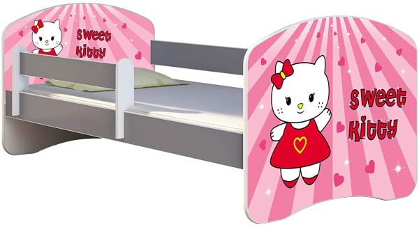 ACMA Kinderbett Jugendbett mit Einer Schublade und Matratze Grau mit Rausfallschutz Lattenrost II (15 Sweet Kitty, 160x80) Bild 1