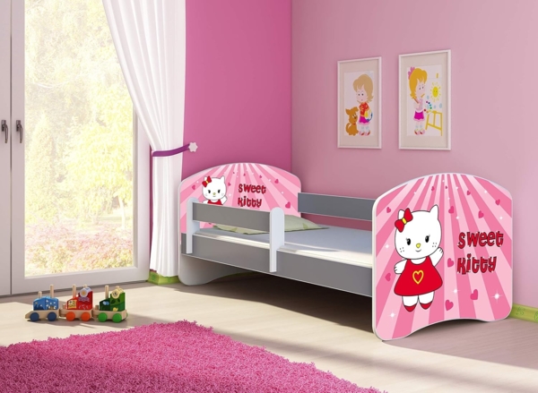 ACMA Kinderbett Jugendbett mit Einer Schublade und Matratze Grau mit Rausfallschutz Lattenrost II (15 Sweet Kitty, 160x80) Bild 2