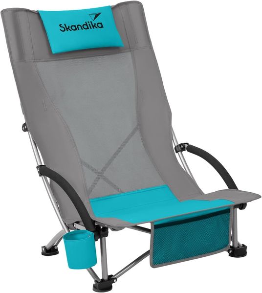 Skandika Campingstuhl Strandstuhl Beach, klappbar, faltbar, leicht, Klappstuhl, Liegestuhl, mit atmungsaktivem Mesh, Getränkehalter, Vordertasche, Kopfkissen