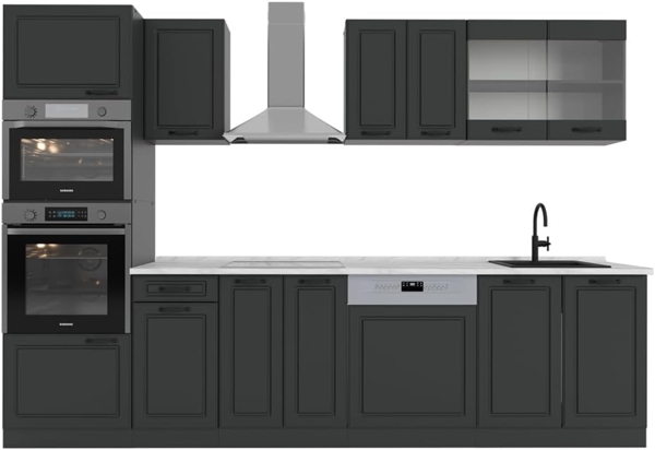 Küchenzeile R-Line Anthrazit Landhaus/Anthrazit 300 cm mit Hochschrank, AP Marmor Vicco