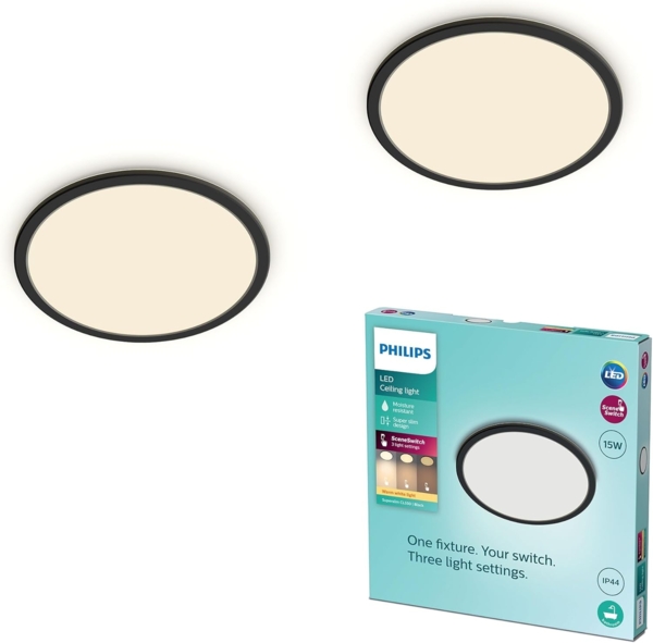 Philips LED Badezimmer Deckenleuchte Superslim, schwarz, 15W, warmweißes Licht 2.700K, 3 Lichteinstellungen - dimmen ohne Dimmer, IP44 Schutz, Doppelpack