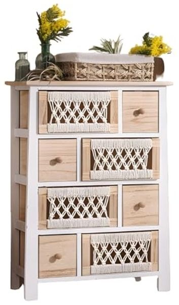 Dekoleidenschaft Schubkastenkommode Kommode "Makramee" aus Holz & Textil 56x77 cm, 8 Schubladen, Boho Chic, Schubladenkommode, kleine Holzkommode, Flurkommode, Nachtkommode