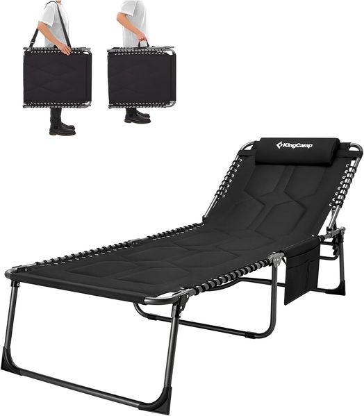 KingCamp Übergroße Sonnenliege Klappbar 5-Fach Verstellbar Gartenliege Liegestuhl Dreibeinliege Liege Campingliege mit Kopfkissen und Seitentasche bis 150 kg für Garten Urlaub Strand Pool 200x68 cm