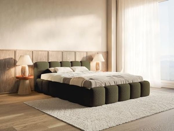Selsey Polsterbett 140x200 cm Modernes Bettgestell mit Lattenrost Elegantes Design in Olivgrün Bouclé Robuster Holzrollrost für Komfort Bodenschonende Kunststoffgleiter Max Belastung 250 kg