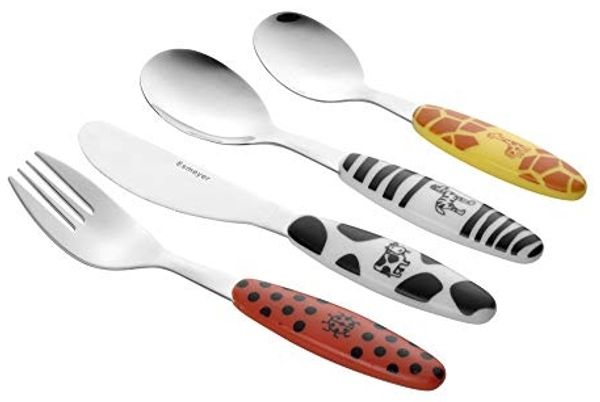 Esmeyer 199-351 4-TLG. Kinderbesteck Safari aus Edelstahl 18-0 poliert, im Geschenkkarton, Bunte Kunststoffgriffe mit Tiermotiven Bedruckt,