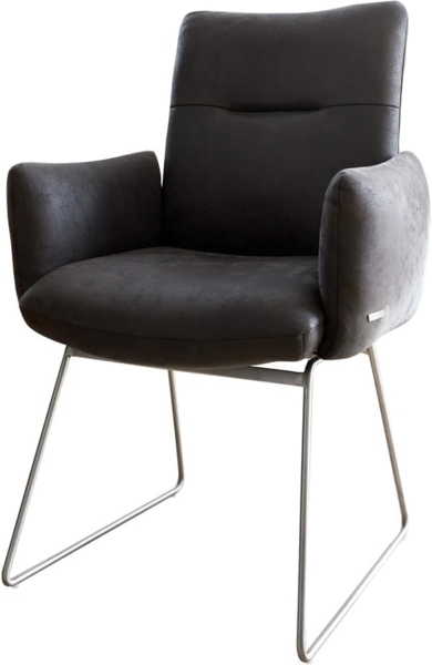 Esszimmerstuhl Jova-Flex mit Armlehnen Mikrofaser Anthrazit Vintage Kufengestell Edelstahl Taschenfederkern