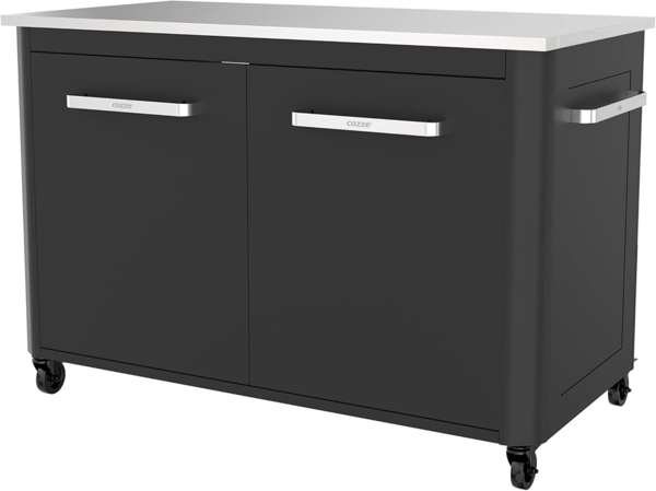 cozze®-Außentisch mit Edelstahltisch, 2 Türen und 4 Rädern Edelstahl/schwarz/grau