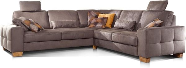 Cavadore Ecksofa Puccino mit Federkern, Bettfunktion, verstellbarer Rückenlehne und 2 Kopfstützen / Sofa gleichschenklig in L-Form im Landhaus-Design / 276 x 86 x 271 cm / Mikrofaser hellbraun