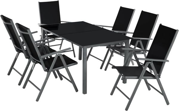 tectake® Sitzgarnitur Aluminium Klappstühle, Lounge Set mit 6X Stühle und 1x Glastisch Esstisch, Gartenmöbel Set wetterfest für den Balkon, Gartenstühle, Terrassenmöbel, Liegestuhl - anthrazit