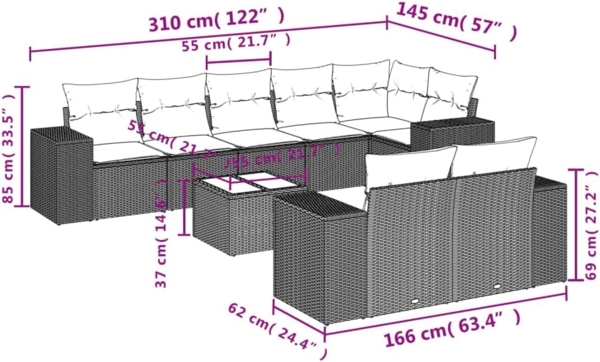 vidaXL 9-tlg. Garten-Sofagarnitur mit Kissen Braun Poly Rattan 3255170 Bild 3