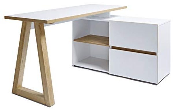 Amazon Marke - Movian Stanberg - Schreibtisch mit zwei Schubladen, 140 x 110 x 76 cm, Kerneiche/Weiß-Effekt