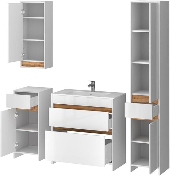 Badmöbel-Set Detmold Weiß Hochglanz/Goldkraft Eiche 5er-Set Vicco Bild 7