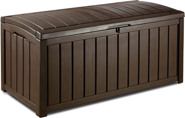 Keter Glenwood Kissenbox, Auflagenbox, 390 Liter Volumen, Wasserdicht, Braun, Holzoptik, Sitzbank für 2 Erwachsene,128 x 65 x 61 cm, Allzwecktruhe