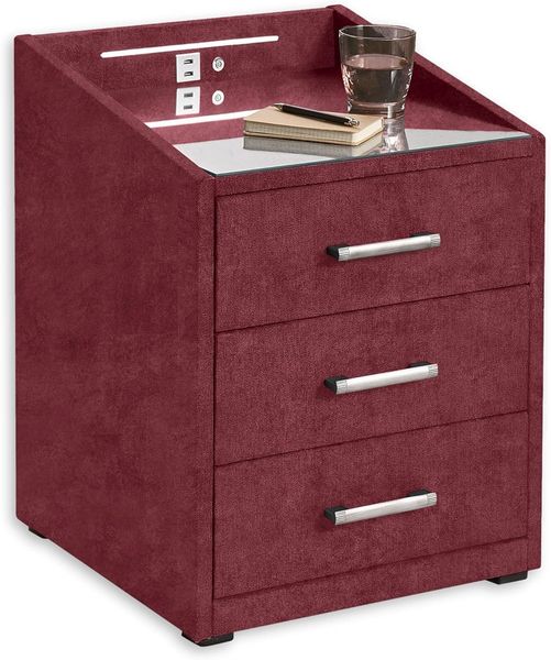 MOON Nachttisch Boxspringbett, Salvador Burgund - Funktionaler Nachtschrank mit USB-Anschluss und LED-Beleuchtung - 47 x 61 x 46 cm (B/H/T)
