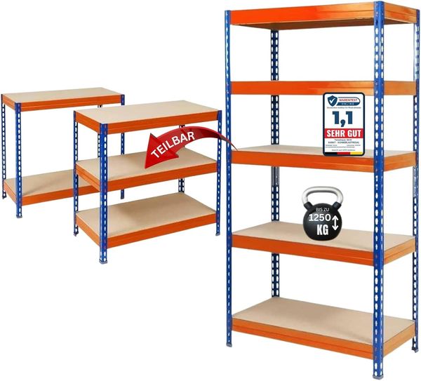 KARAT Schwerlastregal - Steckregal, Kellerregal, Lagerregal, Werkbank - Traglast bis 1250 kg - Schnelle Montage & Standsicher (Blau-Orange, 220 x 120 x 45 cm)
