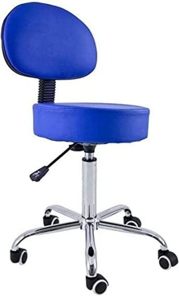 QUIRUMED Hocker mit Rückenlehne, Chromgestell, 5 Rädern und Gasfeder, Blaue Farbe, Metallstruktur, Kunstleder, hochdichte Polsterung, höhenverstellbar, bis zu 150 kg
