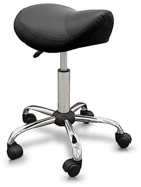 QUIRUMED Pony-Hocker, ergonomisch, mit Stahlgestell, Schwarze Farbe, Kunstlederpolsterung, höhenverstellbar, gepolsterter Sitz, drehbare Räder, bis 150 kg
