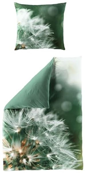 JACK Wendebettwäsche 135x200cm Digitaldruck Pusteblume Grün Bierbaum, Mako-Satin, 2 teilig, seidiger Glanz, elegantes Motiv in Olive