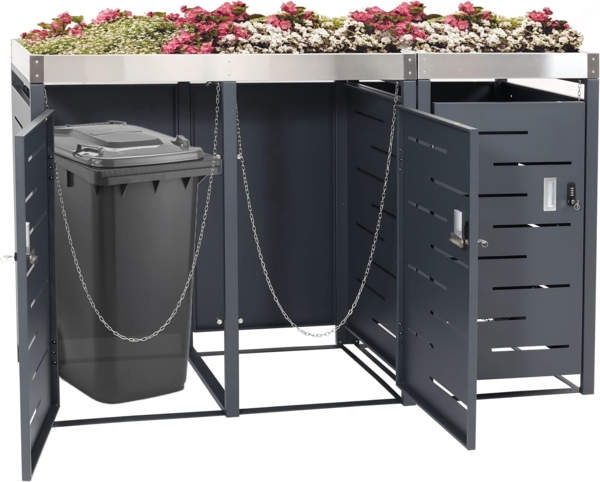 3er-Mülltonnenverkleidung HWC-H40b, Mülltonnenbox, Pflanzkasten Edelstahl-Metall-Kombi 63kg 110x175x62cm erweiterbar