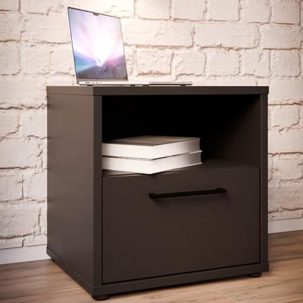 Forte Pittsfield Nachtkommode 50, Nachttisch mit 1 offenem Fach und 1 Schublade, Holzwerkstoff, Schwarz, 49,8 cm breit, 49,6 cm hoch, 42 cm tief
