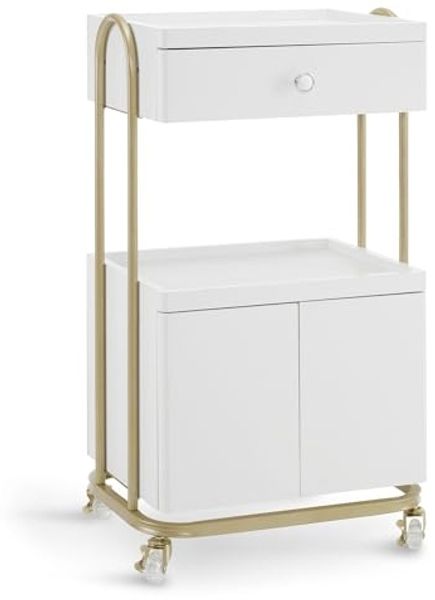 M MCombo Servierwagen mit Rollen & Schublade, Rollwagen Friseurwagen Weiß-Gold, Salon Trolley mit 2 Ablagen und Schrank, 0086