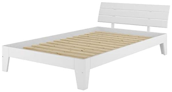 Breites Einzelbett in Überlänge 120x220 Massivholz Kiefer Holzbett Weiß V-60. 54-12-220W inkl. Rollrost und Matratze