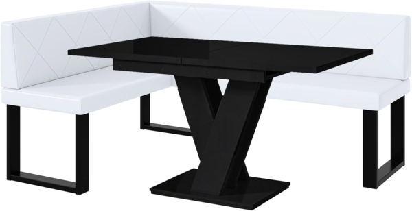 MEBLINI Eckbank für Esszimmer mit ausziehbarem Tisch - Küchenbank - Essecke - Sitzecke Küche - ERIC - U-Beine 128x168x87cm Links - Weiß Kunstleder/M Schwarz Hochgl.