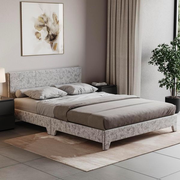 Vida Designs Victoria Bett, Bettgestell, gepolstertes Kopfteil, Schlafzimmermöbel (Doppelbett (122 cm), silberfarbener Samt