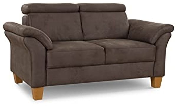 Cavadore 2-Sitzer-Sofa Ammerland / 2er-Couch im Landhausstil mit Federkern + verstellbaren Kopfstützen / 156 x 84 x 93 / Wildlederoptik, Braun