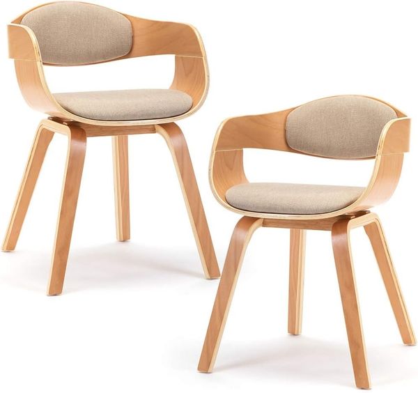 Mingone 2er Set Esszimmerstühle Holz Küchenstühle Designer Stühle mit Leinen Sessel Gepolsterte mit Armlehnen für Wohnzimmer,Beige