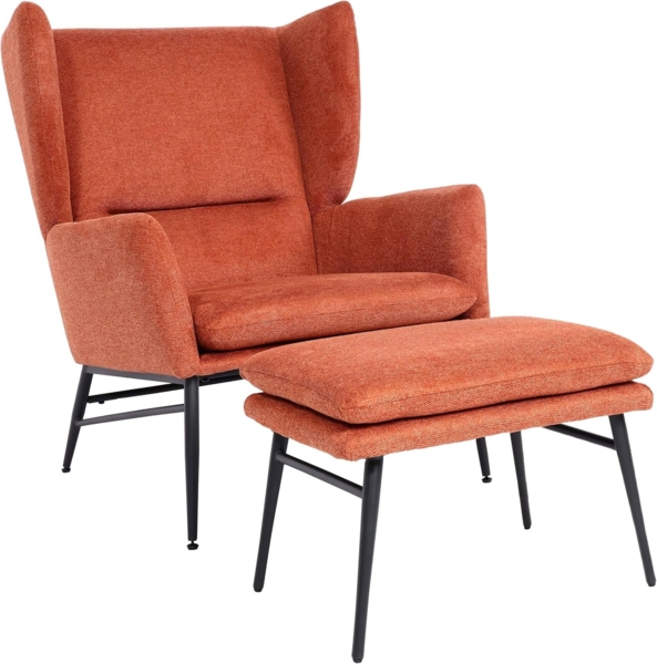 Lounge-Sessel mit Ottomane HWC-L62, Ohrensessel Polstersessel Cocktailsessel Hocker, Stoff/Textil ~ terracotta-braun