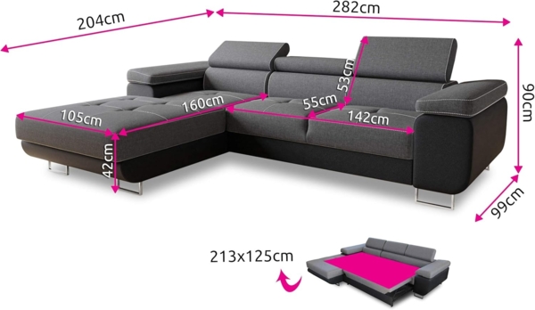 Ecksofa Divo mit Schlaffunktion, Bettkasten und einstellbare Kopfstützen (Dunkelgrau + Grau (Sawana 05 + Sawana 21), Ecksofa Links) Bild 3