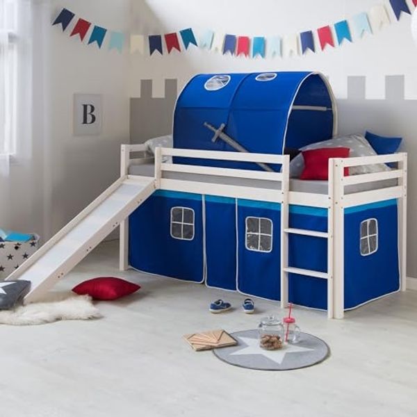 Homestyle4u Spielbett mit Lattenrost, Rutsche und Tunnel Stockbett, blau, Kiefernholz weiß, 90x200 cm