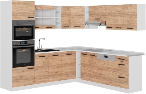 Eckküche R-Line Goldkraft Eiche/Weiß 247 x 60 cm AP Marmor Vicco