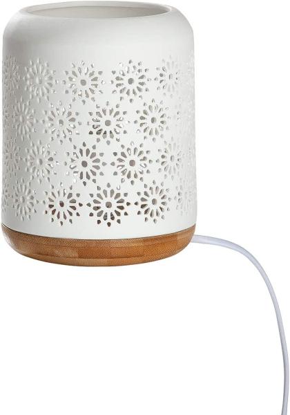 Gilde Lampe Zylinder "Blume" weiß, mit Sockel in Holzoptik Fassung E14, max. 40 Watt, 220-240 Volt H: 17.50 cm Ø 13 cm 32267