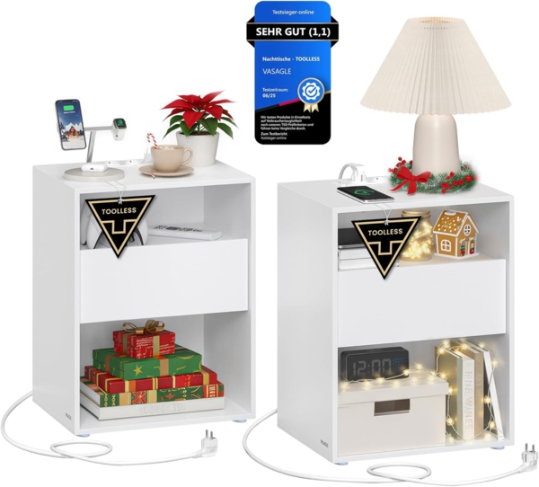Vasagle Toolless-Technologie, superschnelle werkzeuglose Montage, Nachttisch 2er Set, Beistelltisch mit Ladefunktion, Nachtschrank mit Schublade, modern, Schlafzimmer, Wohnzimmer, mattweiß LETDE776W01