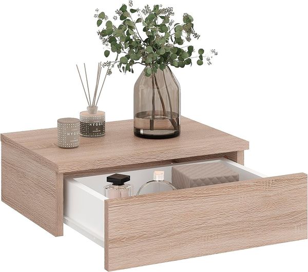 KOMTO Wandregal mit Schublade Monaco - Nachttisch Hängend Wandmontage, Wandschublade Nachtschrank Hängend, Monaco 46 x 30 x 15 cm